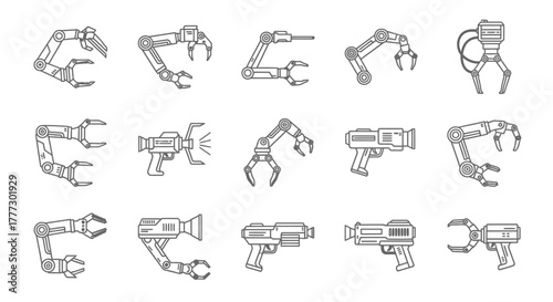 Collection of robotic arms and futuristic tools in detailed line art style.