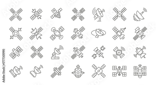 Collection of Satellite Icons - Detailed Line Art Depicting Various Spacecraft Designs.