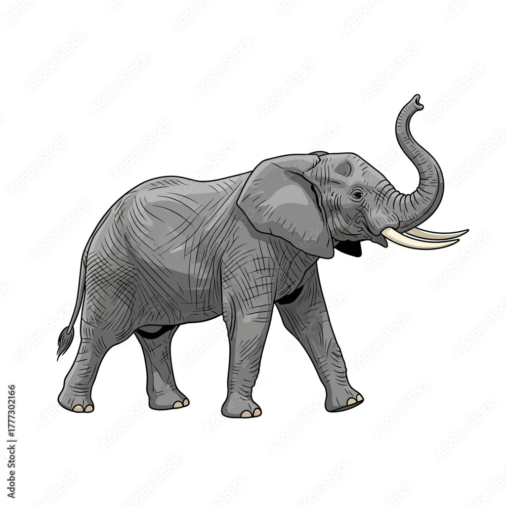 Fototapeta premium Detailed Elephant Wildlife Sketch with Curved Trunk and Massive Ivory Tusks on a Neutral Backdrop