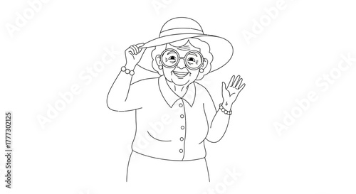 Charming senior woman in elegant hat, line art illustration, vintage portrait for coloring pages