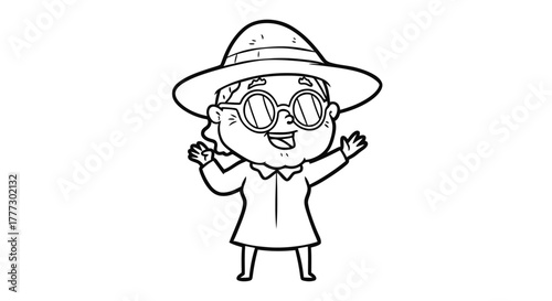 Whimsical Cartoon Character with Retro Glasses and a Hat Waving Cheerfully isolated art