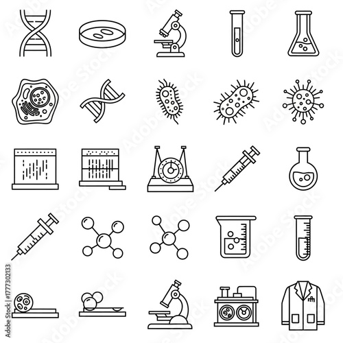 Collection of Scientific Laboratory Equipment and Biological Icons.