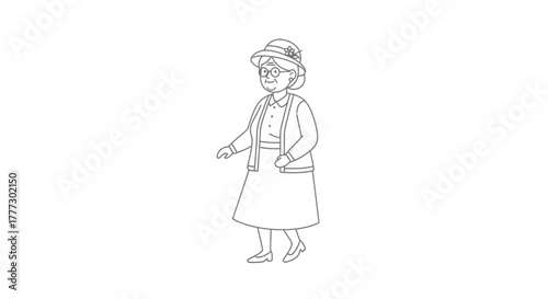 A charming line drawing of an elderly woman with hat glasses and cardigan in minimal style