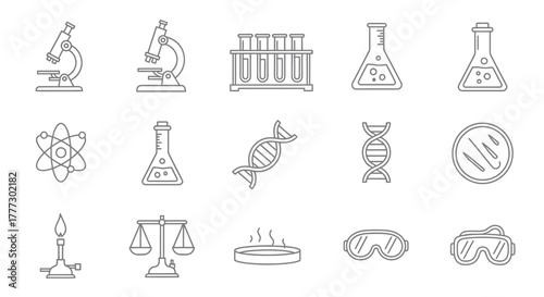 Collection of Scientific Laboratory Equipment and Molecular Structures Icons.
