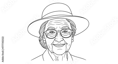 Line art illustration portraying an elderly woman with a hat and glasses in high detail