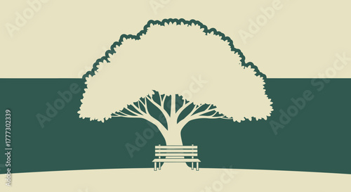 Minimalist illustration of tree with bench beneath it offering a tranquil resting spot