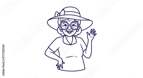 Animated grandmother waving cheerfully with hat and glasses against plain backdrop