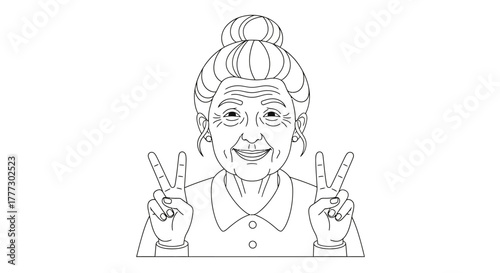 Smiling grandmother making peace sign with both hands, line art illustration ready for coloring