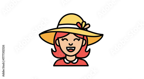 Cartoon woman with a wide-brimmed yellow hat smiling happily isolated illustration