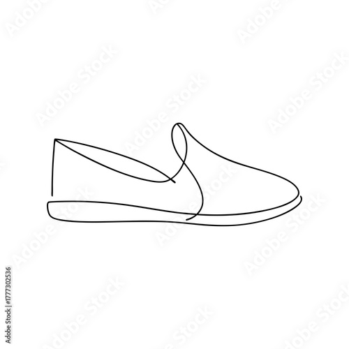 Minimalist continuous line drawing of a casual loafer shoe