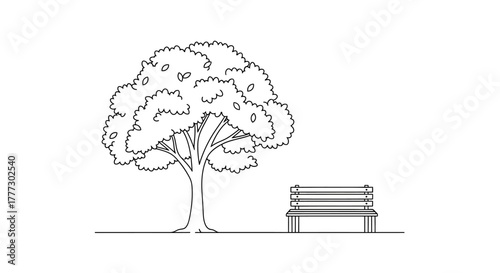 Line art drawing: Park scene featuring a tree and a wooden bench, creating tranquil and inviting