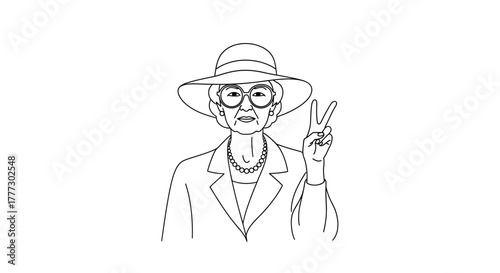 Line art illustration of a stylish older woman with hat giving a peace sign