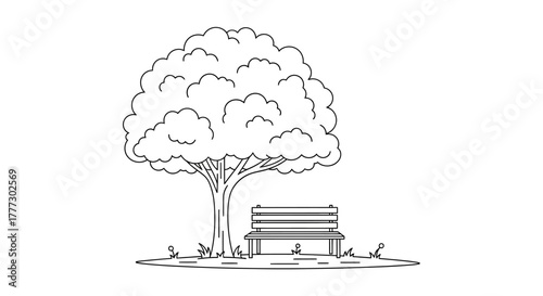 Monochrome minimalistic drawing of a solitary tree with a park bench underneath its boughs for a