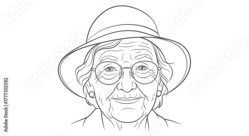 Elegant monochrome drawing of an elderly woman wearing a hat and round glasses