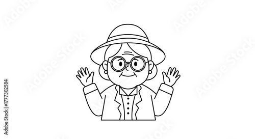 Line Drawing of a Cheerful Elderly Woman with Hat and Glasses Waving Hello