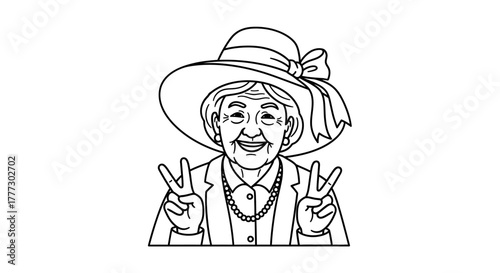Line drawing featuring an elegant old lady exuding joy with a peace gesture