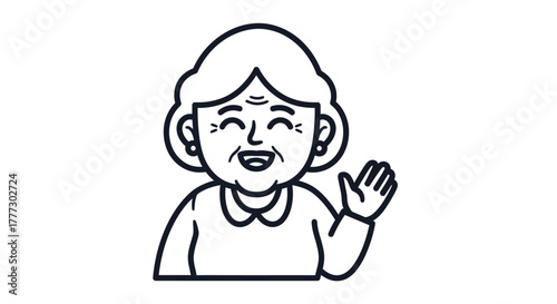 Line art drawing of a smiling elderly woman waving with a cheerful expression