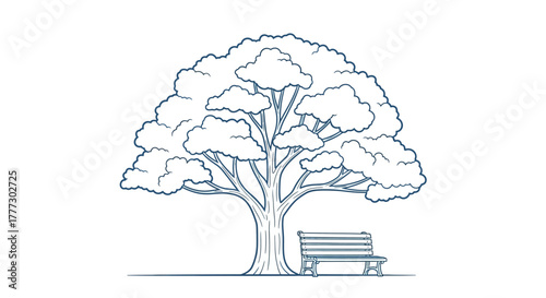 Sketch of tranquil park scene with a large tree and a bench for peaceful relaxation