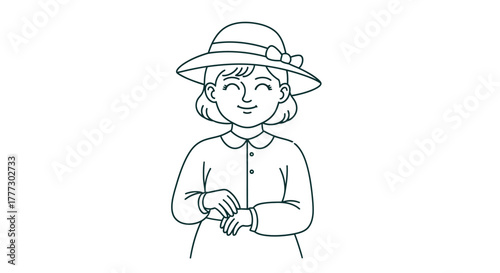 Simple line drawing of a smiling woman wearing a hat with a bow illustration
