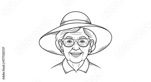Line art drawing of an elegant elderly woman wearing a hat and glasses creating a classic vintage