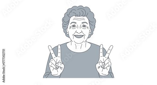 Aspirational elder woman expressing victory and optimism through a peace gesture illustration