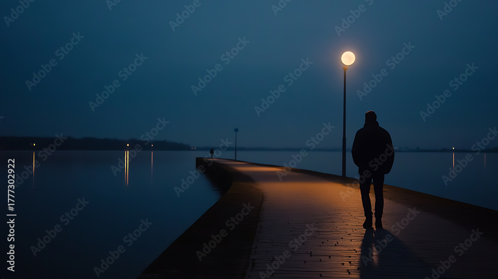 Fototapeta premium A solitary figure walks a pier at dusk, illuminated by lamplight against a backdrop of serene water and a darkening sky, evoking feelings of solitude and contemplation.