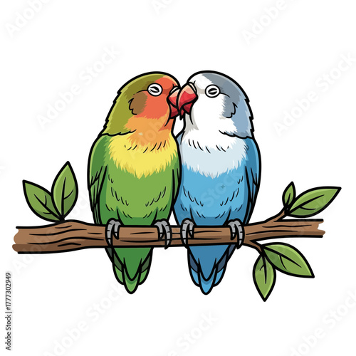Pair of Colorful Love Birds Perched Closely Together on a Tree Branch