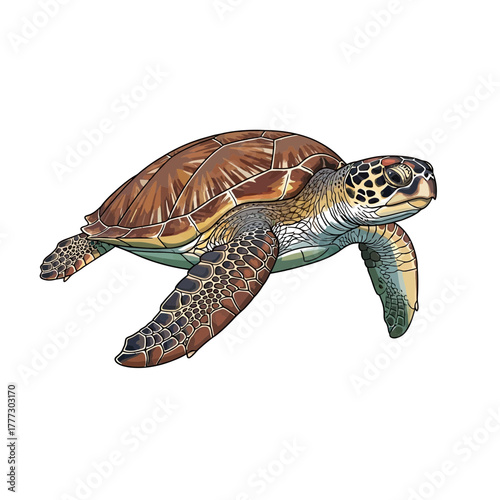 Graceful Ocean Turtle Swimming Serenely in Water Aquatic Wildlife Illustration Artwork