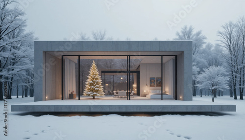 Modern, minimalist house with large glass windows is set in snowy landscape. Inside, decorated Christmas tree adds warmth to serene winter scene, creating cozy holiday atmosphere