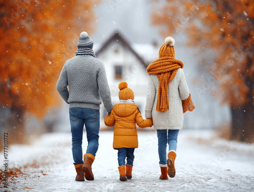family winter walk in the snow