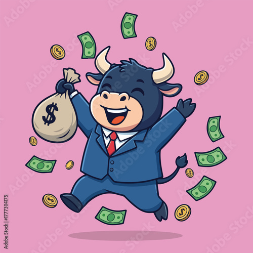 Joyful Business Bull Celebrating Financial Prosperity