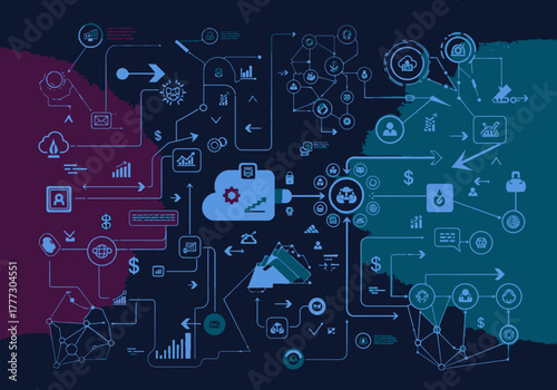 Digital Network Flowchart with Data and Cloud Icons.