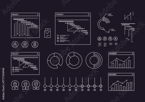 Clean outline project management data visualization icons set featuring charts timelines and user avatars.