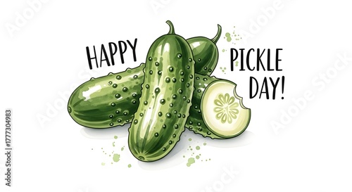 A vibrant, cheerful illustration of a 'Happy National Pickle Day' celebration, featuring cute, smiling pickle characters, confetti, and party banners.