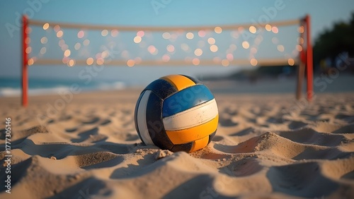 A colorful volleyball lies on the sand, with twinkling lights in the background. A New Year's atmosphere.
