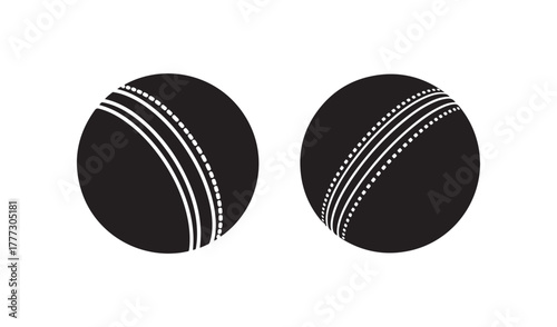 Two black cricket balls with white seams on white background