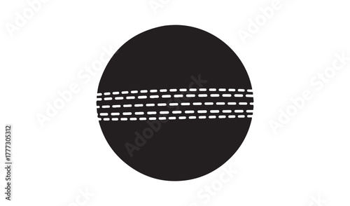 Black cricket ball with white stitching on white background