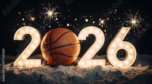 Basketball 2026 New Year celebration in a snowy landscape with stars and festive lights