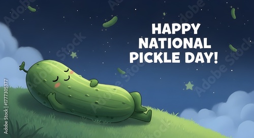 Whimsical illustration of a funny pickle character fast asleep, a cute mascot in pajamas resting in a bed or on the moon, isolated on a dark background.