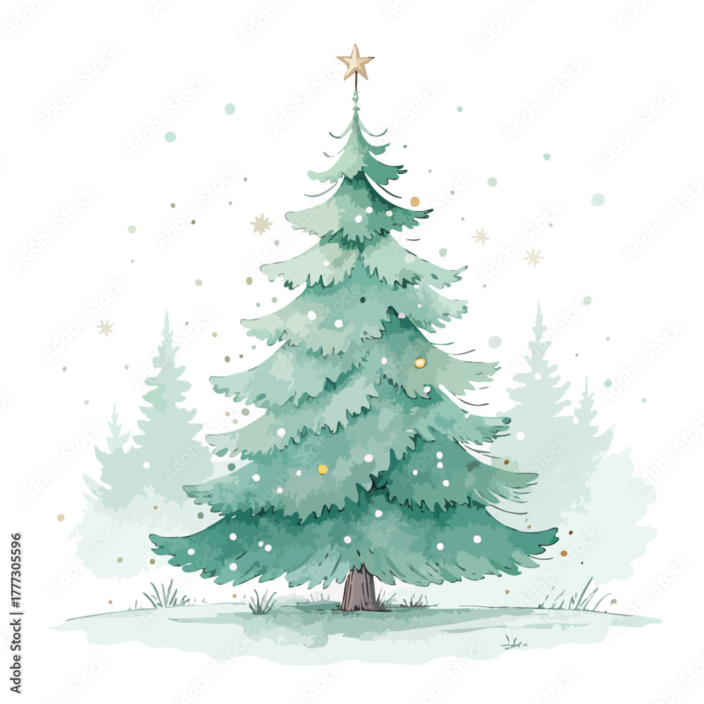 Obraz premium Green fir Christmas tree illustration with snow on a white background for winter holiday card design