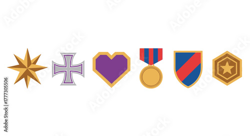 Collection of vector illustrations depicting various military or achievement style medals and badges
