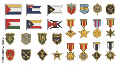 Collection of International Flags, Military Medals and National Emblems Depicting Different