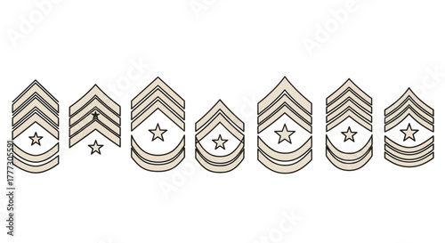Set of stylized army rank insignias depicting various grades of leadership and experience