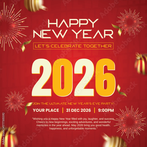 happy new year 2026 abstract modern party poster, glittering 2026 celebration banner flyer invitation template, new year's eve countdown gold confetti vector background, modern festive happy new year 