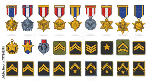 Illustrative compilation of military insignia and medals representing various ranks and honors