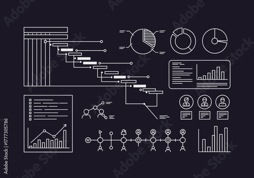 Set of business data visualization icons Gantt chart pie charts and graphs in a clean white line art style.