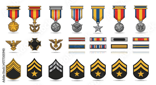 Illustrative collection showcasing various military medals, rank insignia, and service ribbons