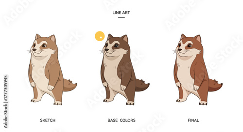 Step by step illustration showing the creation of a cute cartoon mammal standing upright drawing