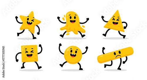 Dancing geometric shapes characters with cheerful expressions, playful cartoon figures, vibrant