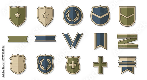 Military inspired badge and ribbon icon set in shades of green and blue with unique designs